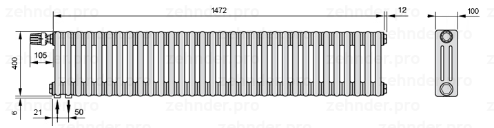 Схема (чертеж) Радиатор Zehnder Charleston 3040/32 №V001 Белый глянцевый RAL 9016